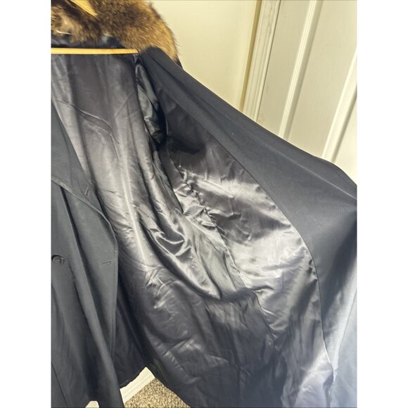 Vintage 80s Women’s L Black Wool Coat Real Fur Collar Cuffs Shoulder Pads - Picture 8 of 9